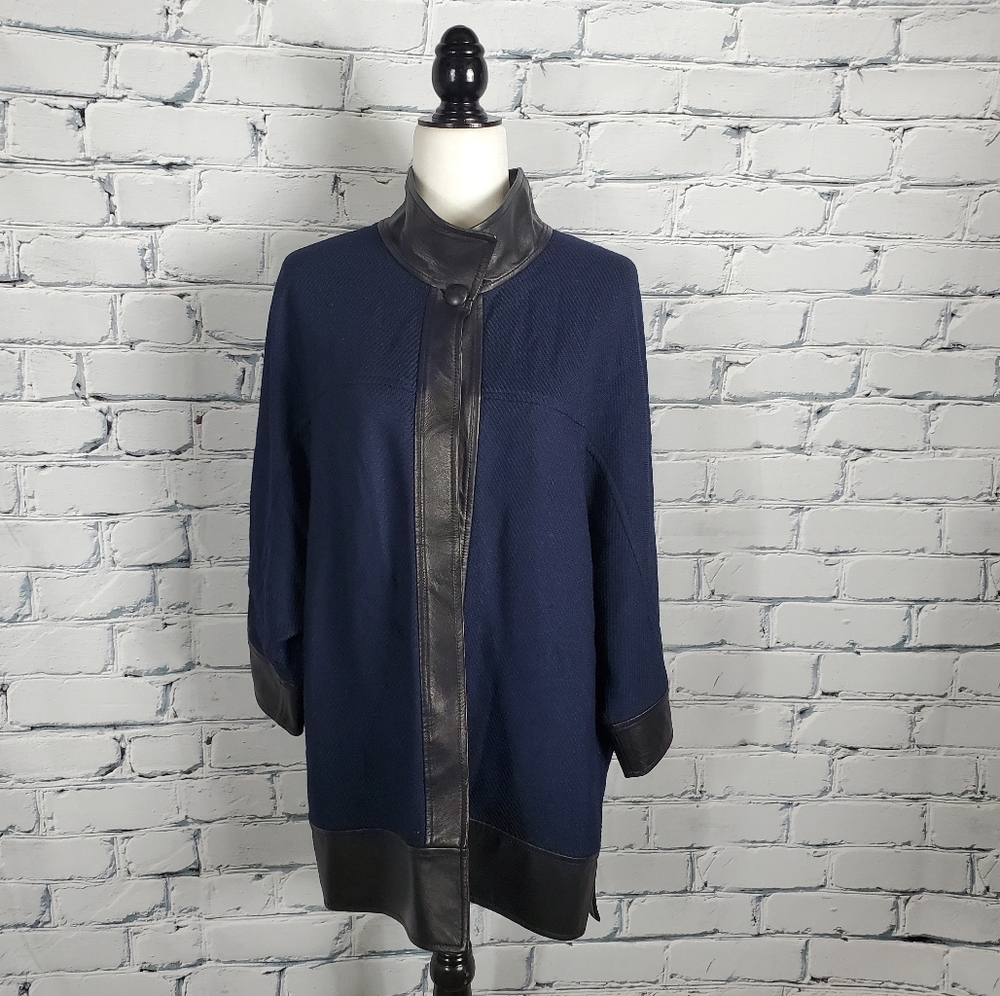 St. John Navy Knit and Black Leather Jacket